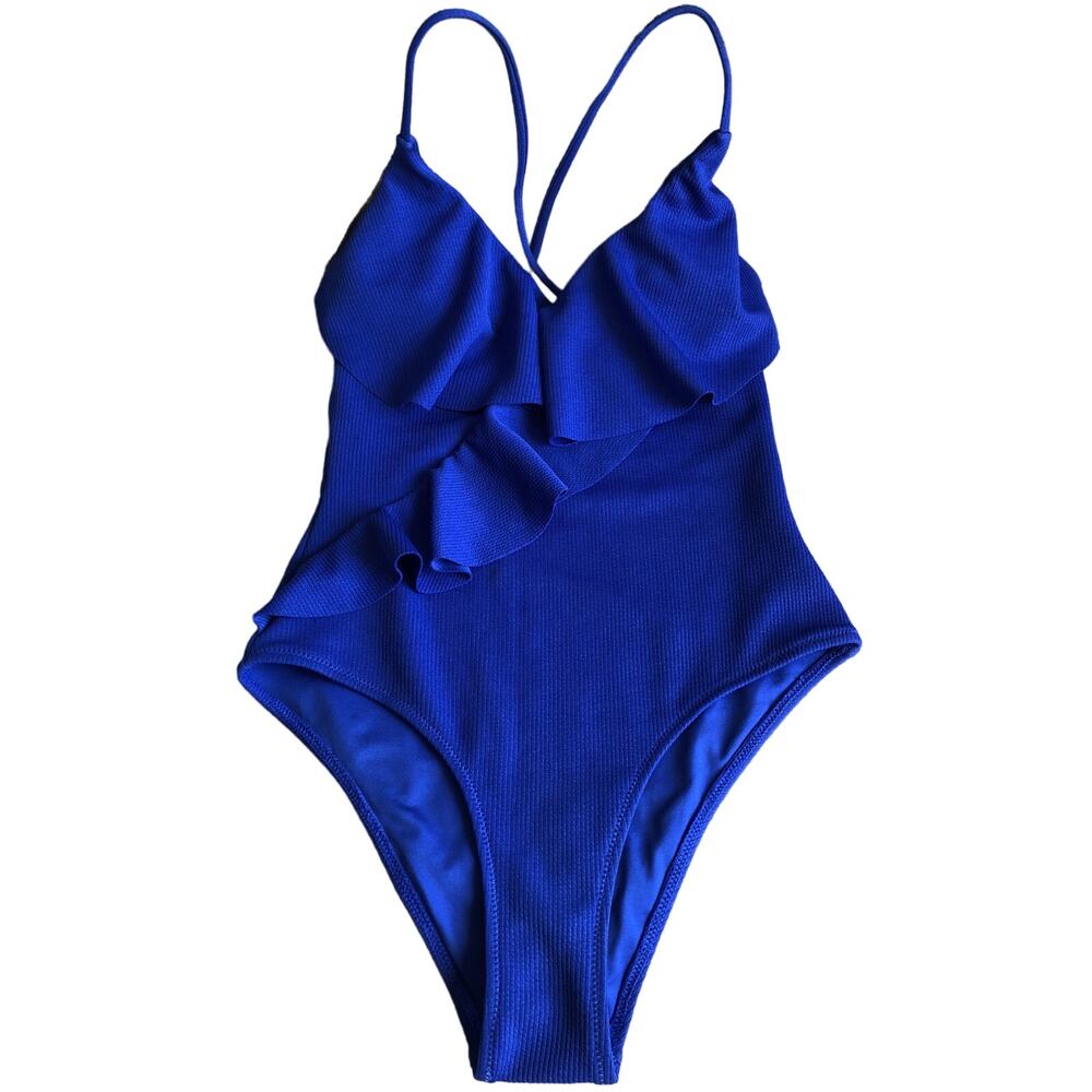 Royal Blue One Piece Bathing Suit Ruffle Ribbed Accents Size (Tag Missing) S